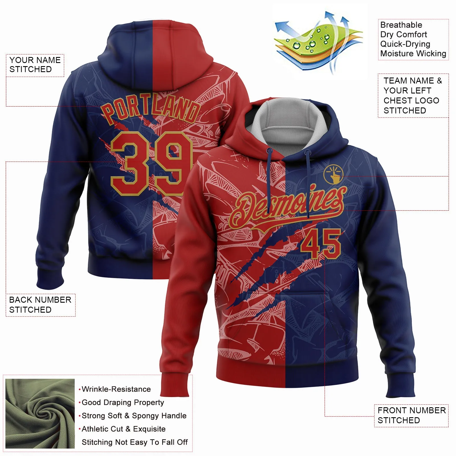 Custom Stitched Graffiti Pattern Red Navy-Old Gold 3D Scratch Sports Pullover Sweatshirt Hoodie