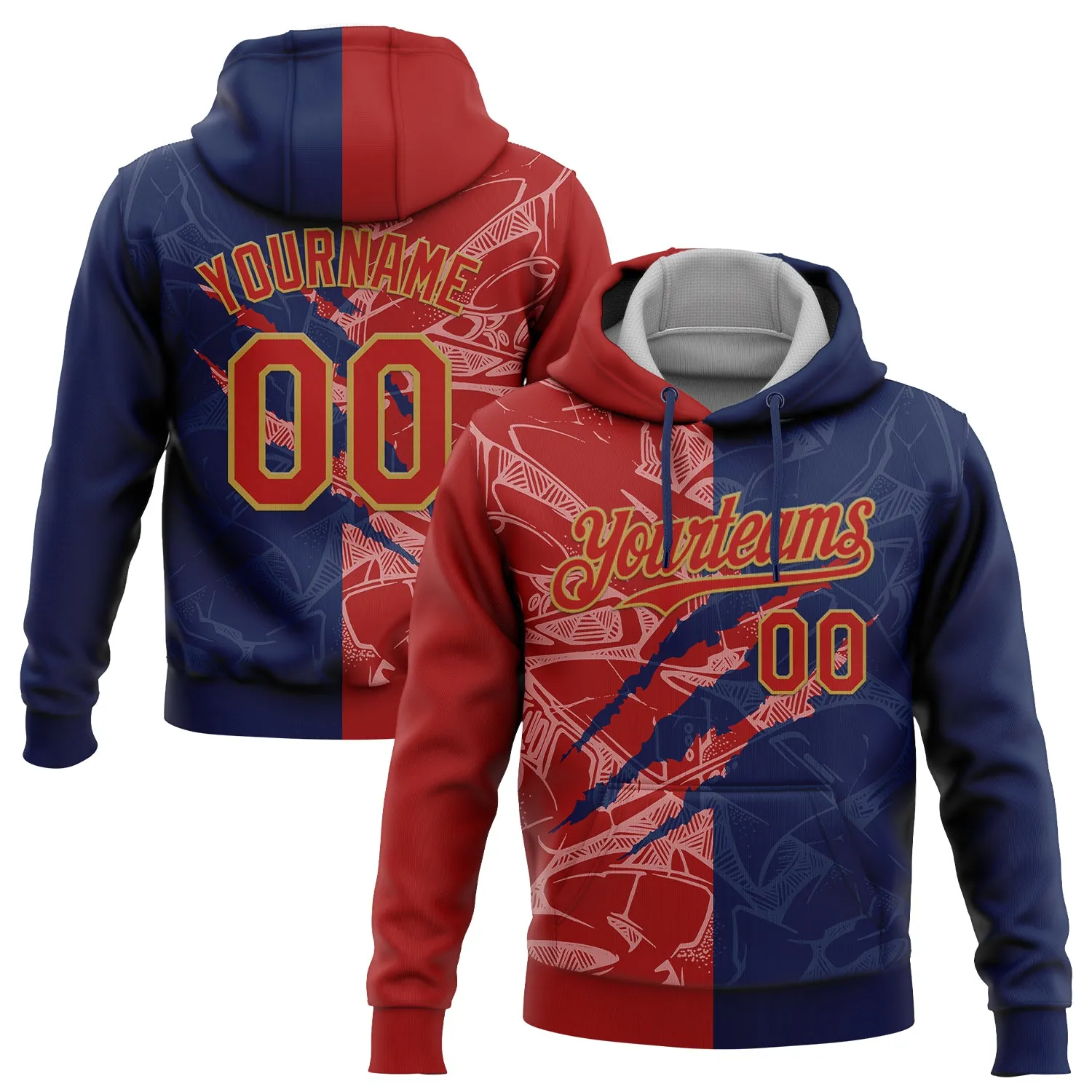 Custom Stitched Graffiti Pattern Red Navy-Old Gold 3D Scratch Sports Pullover Sweatshirt Hoodie