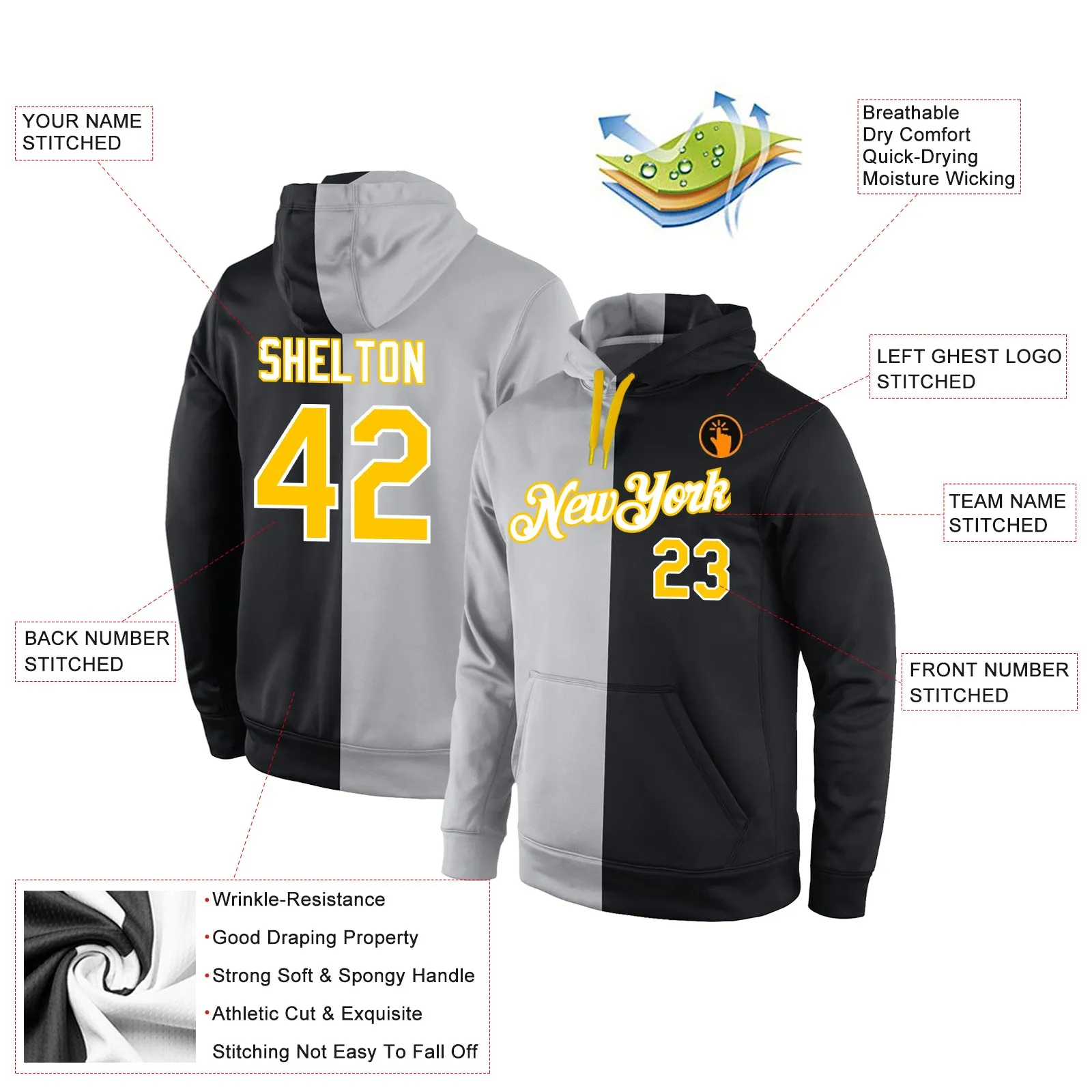 Custom Stitched Gray Gold-Black Split Fashion Sports Pullover Sweatshirt Hoodie