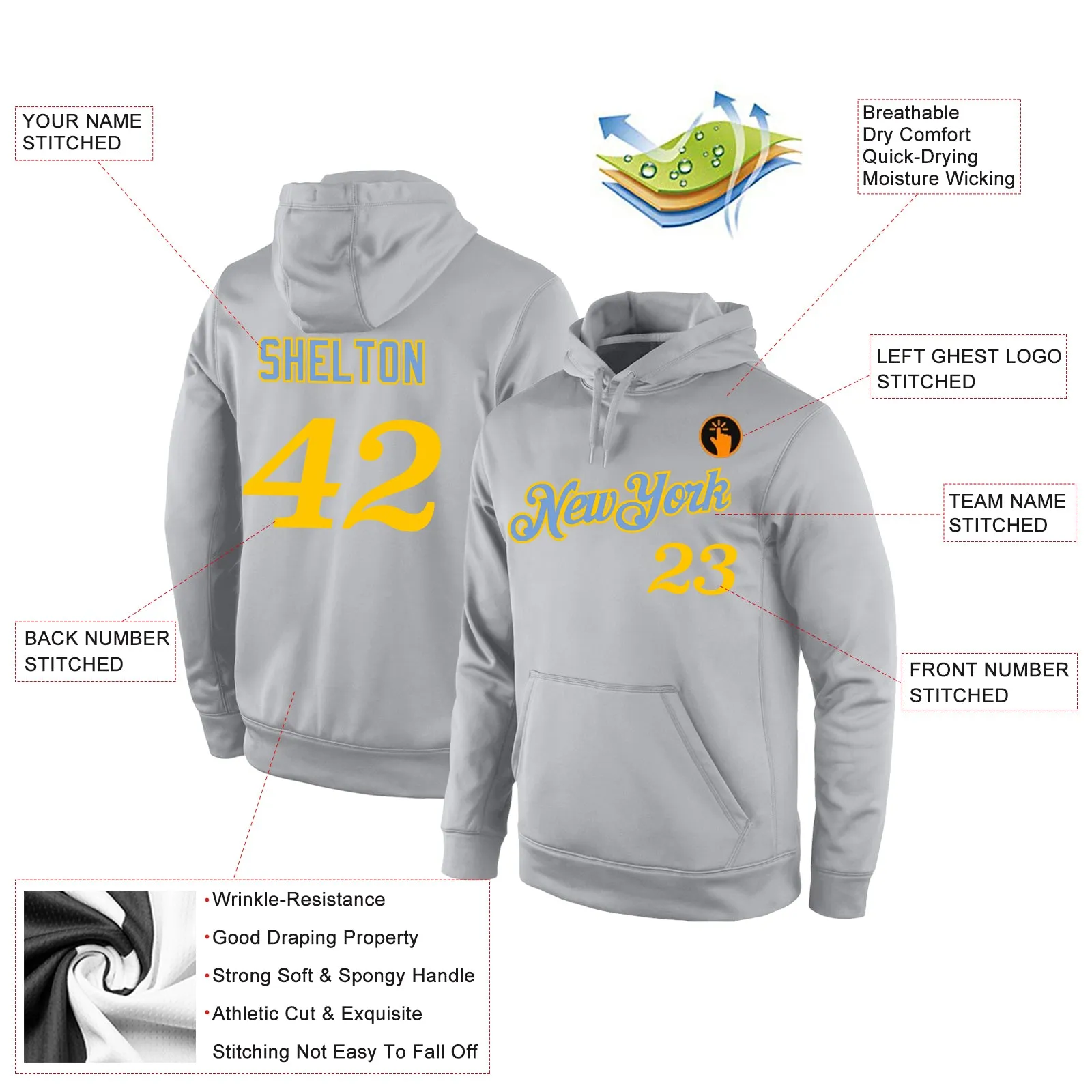 Custom Stitched Gray Gold Sports Pullover Sweatshirt Hoodie