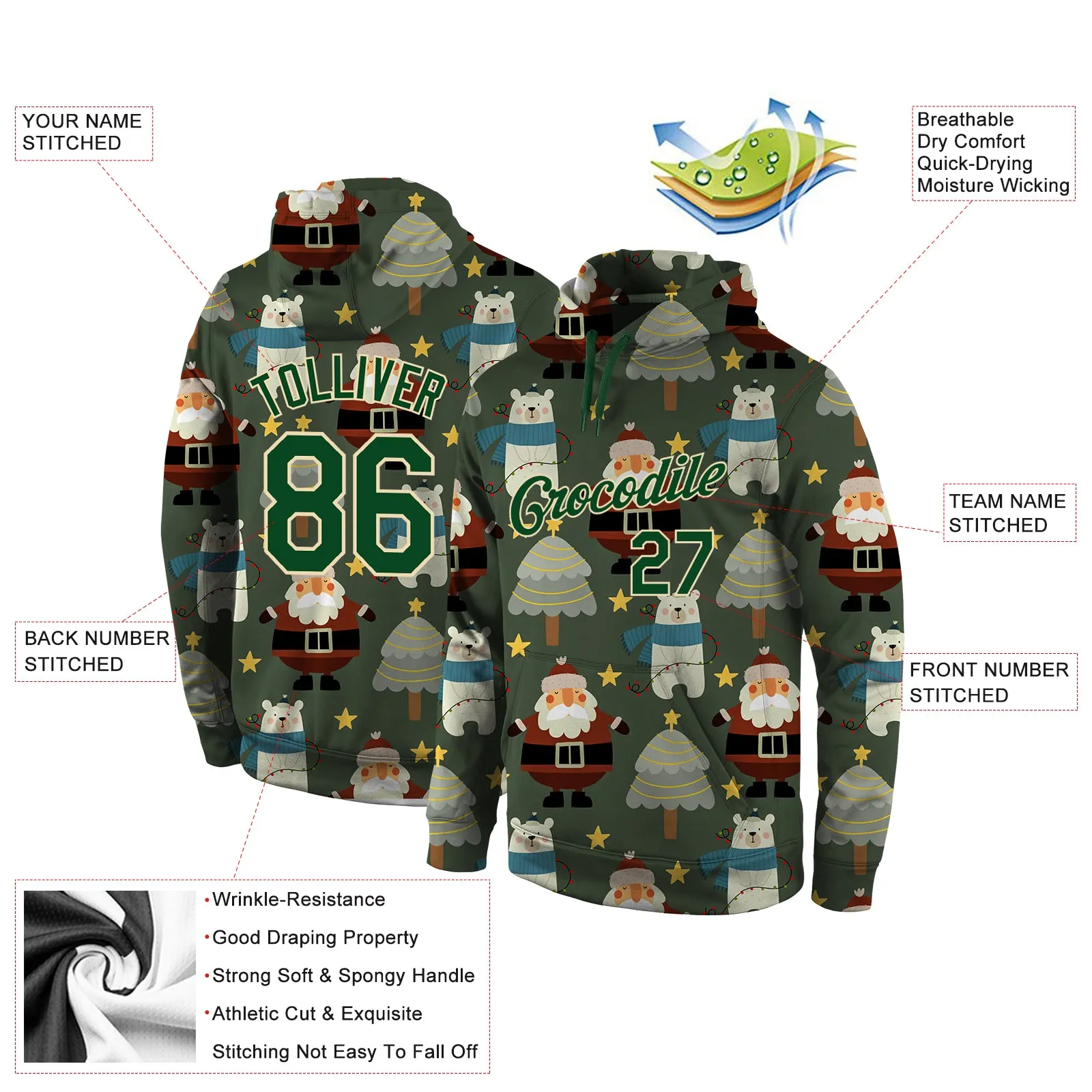 Custom Stitched Green Green-Cream Christmas 3D Sports Pullover Sweatshirt Hoodie