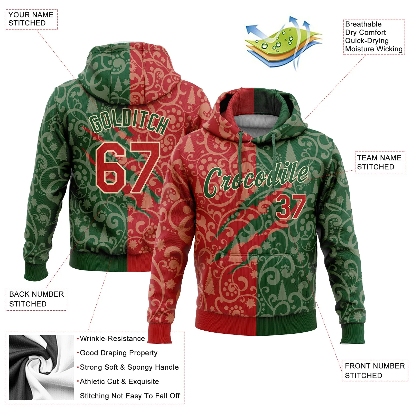 Custom Stitched Green Red-Cream 3D Christmas Sports Pullover Sweatshirt Hoodie