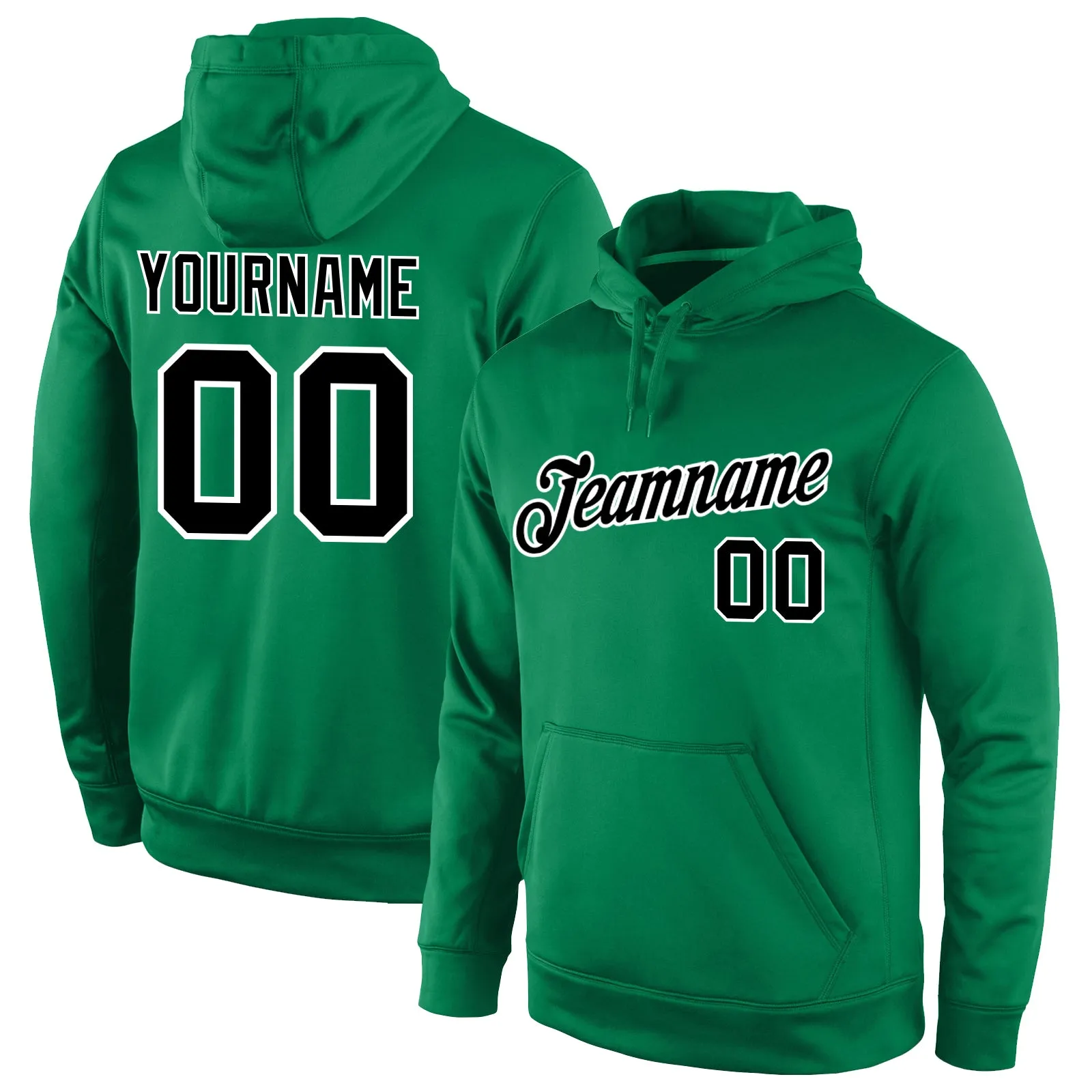 Custom Stitched Kelly Green Black-White Sports Pullover Sweatshirt Hoodie