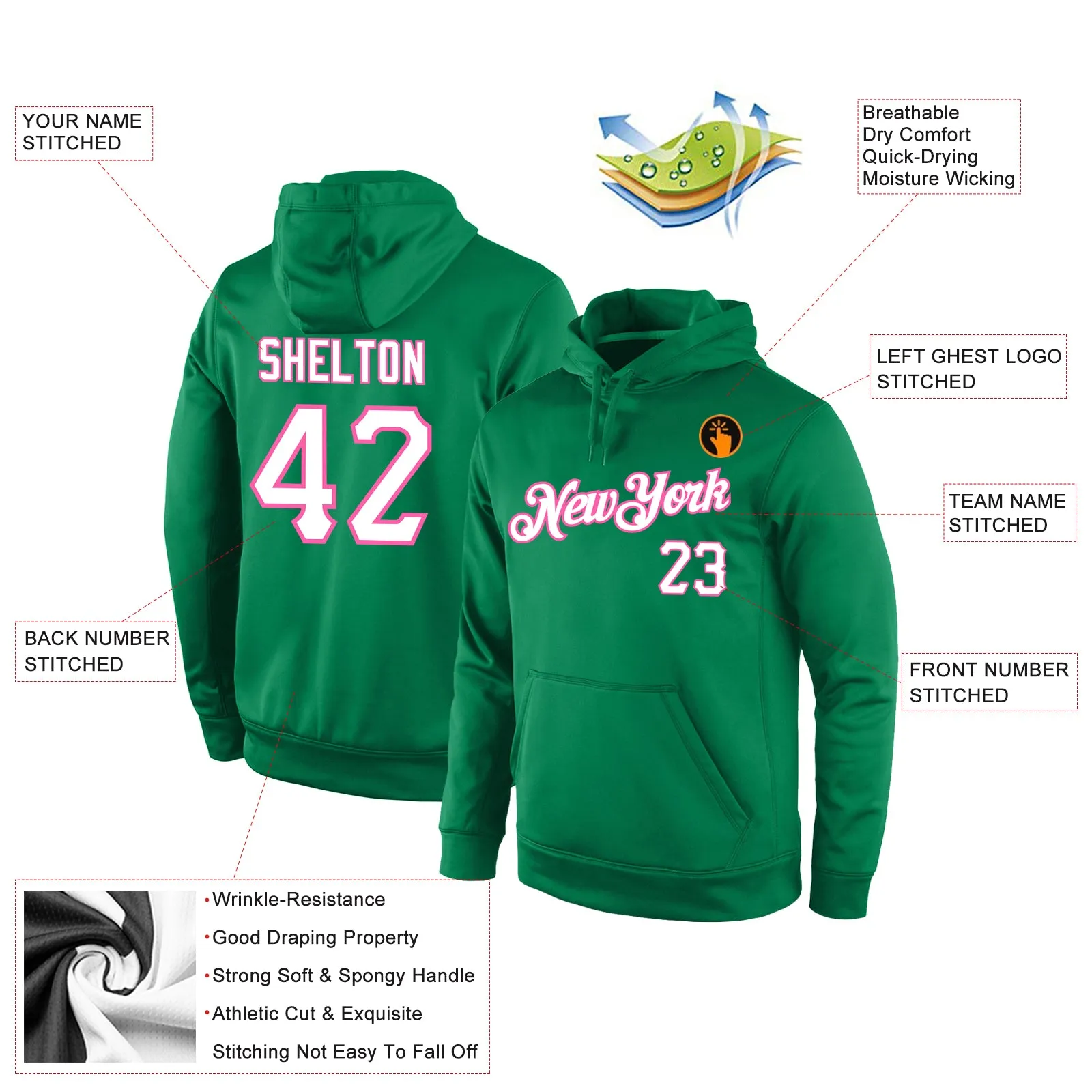 Custom Stitched Kelly Green White-Pink Sports Pullover Sweatshirt Hoodie