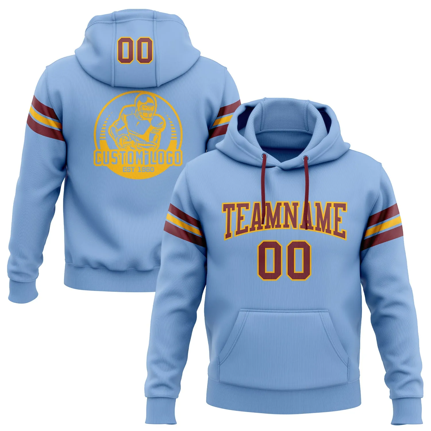 Custom Stitched Light Blue Burgundy-Gold Football Pullover Sweatshirt Hoodie