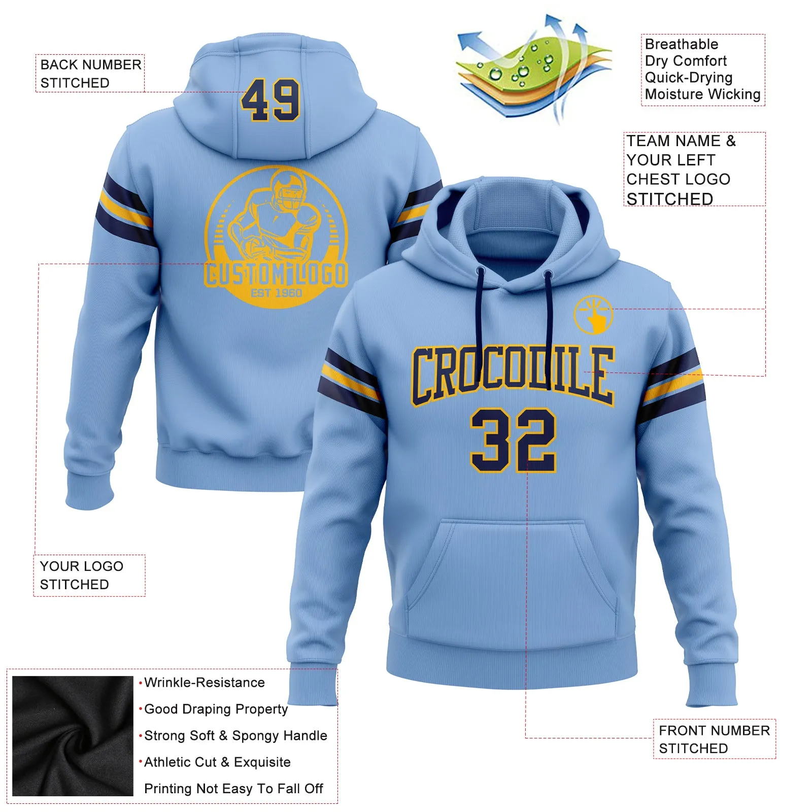 Custom Stitched Light Blue Navy-Gold Football Pullover Sweatshirt Hoodie