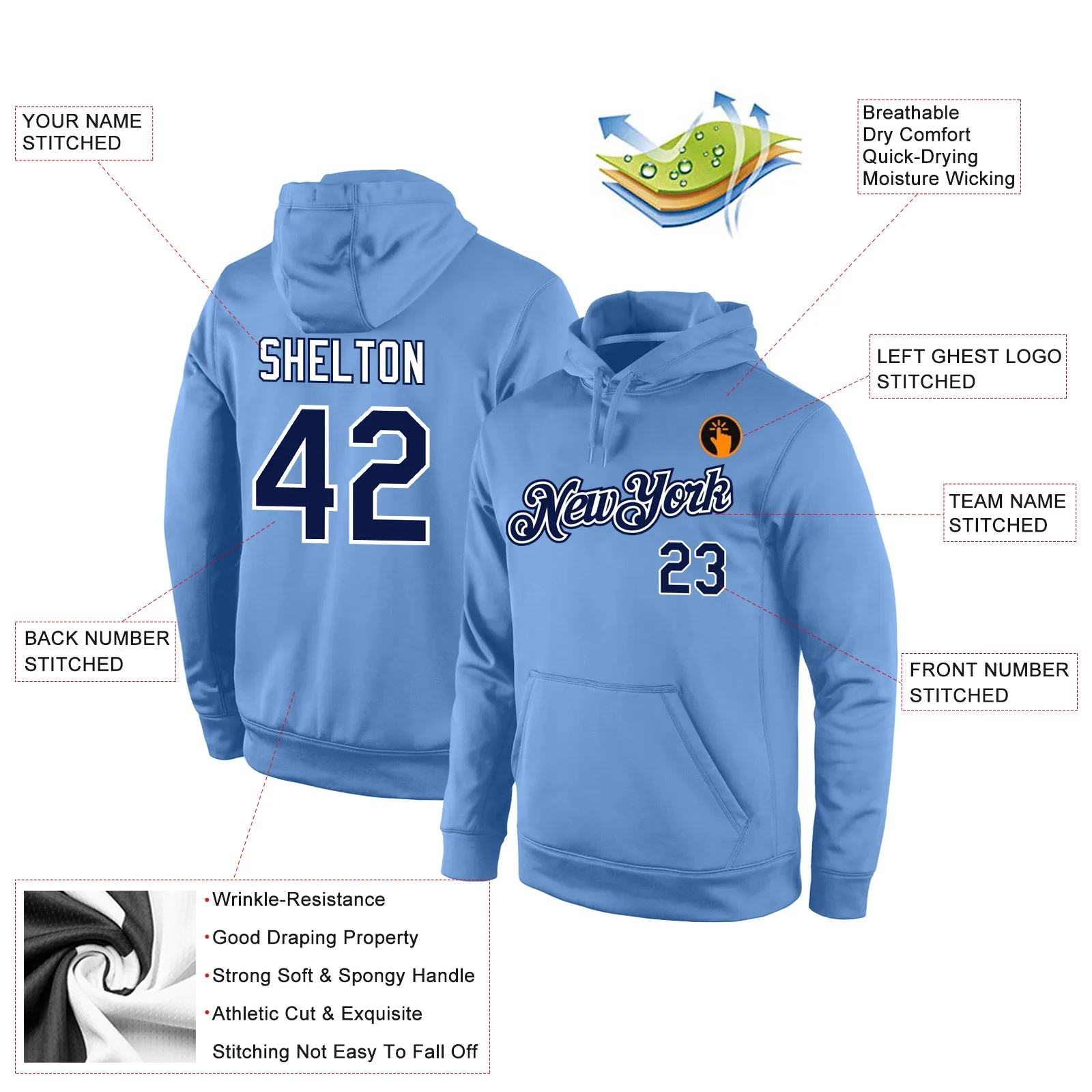 Custom Stitched Light Blue Navy-White Sports Pullover Sweatshirt Hoodie