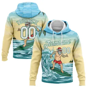 Custom Stitched Light Blue White Kelly Green-Gold 3D Tropical Christmas Surfing Santa Sports Pullover Sweatshirt Hoodie