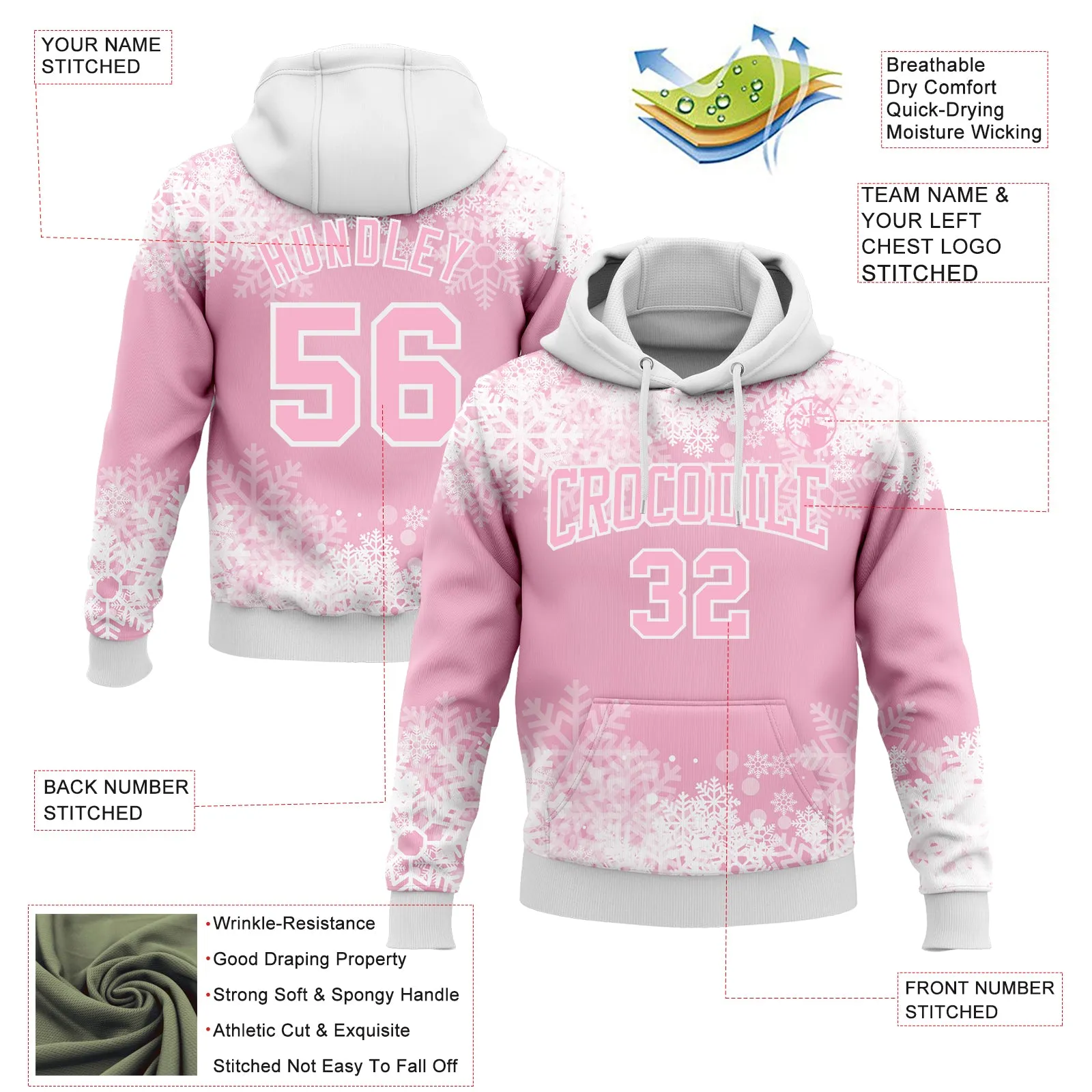 Custom Stitched Light Pink White Christmas Snowflakes 3D Sports Pullover Sweatshirt Hoodie