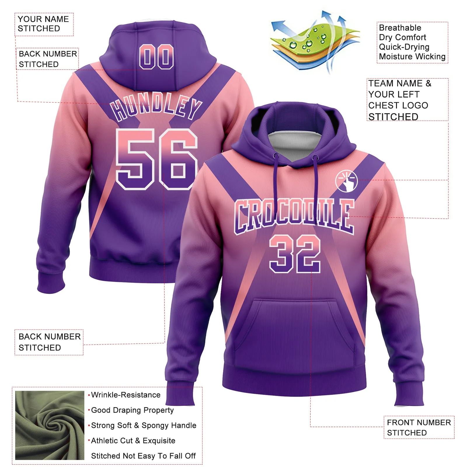 Custom Stitched Medium Pink Purple-White Fade Fashion Arrow Sports Pullover Sweatshirt Hoodie