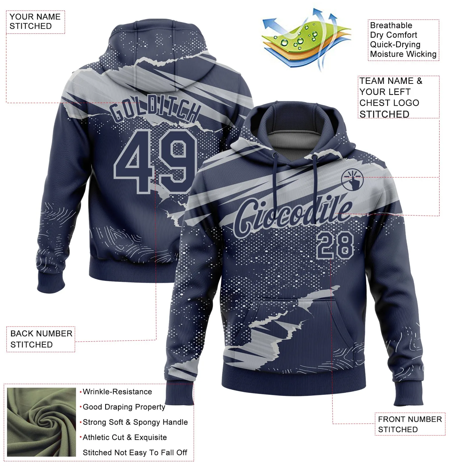 Custom Stitched Navy Gray 3D Pattern Design Torn Paper Style Sports Pullover Sweatshirt Hoodie