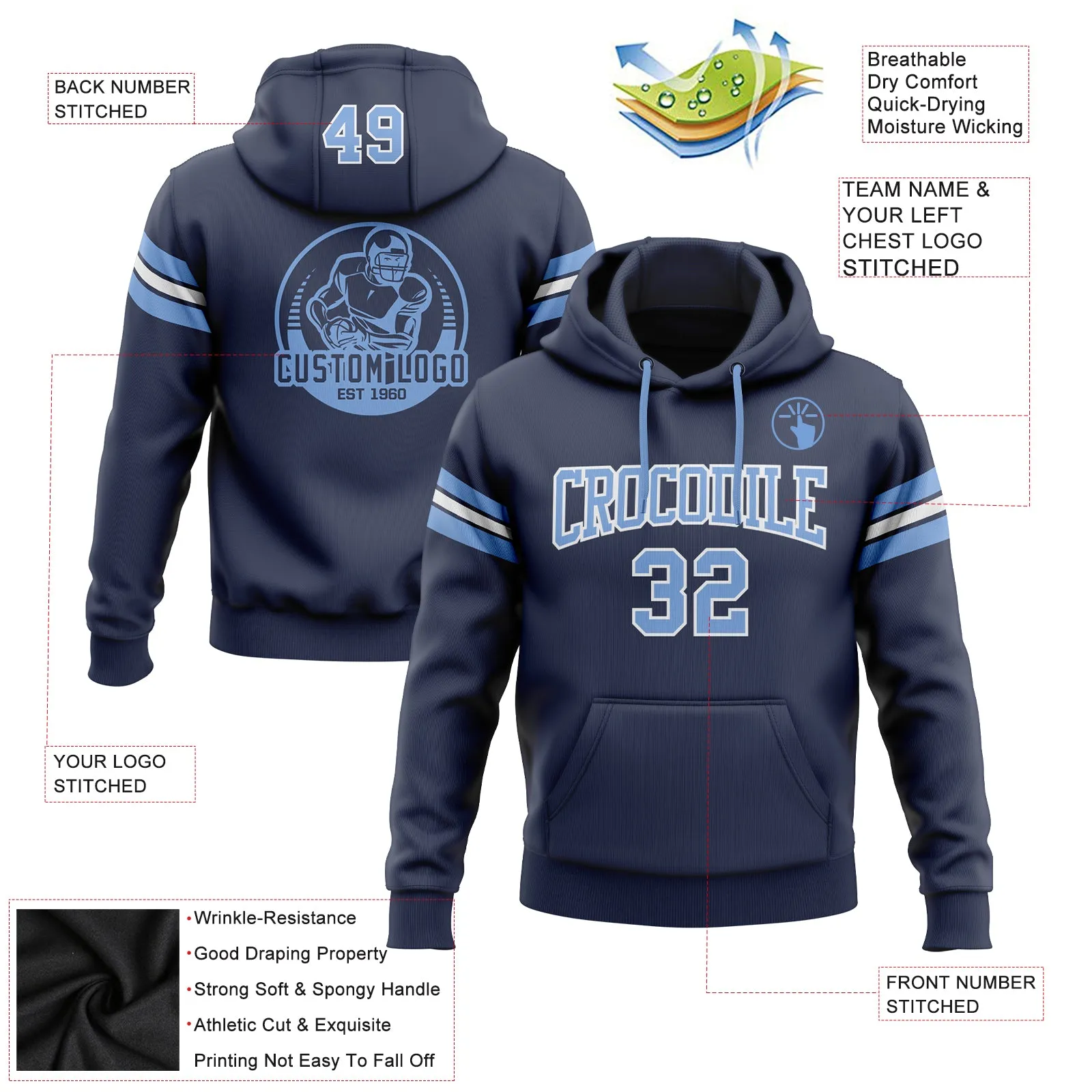 Custom Stitched Navy Light Blue-White Football Pullover Sweatshirt Hoodie