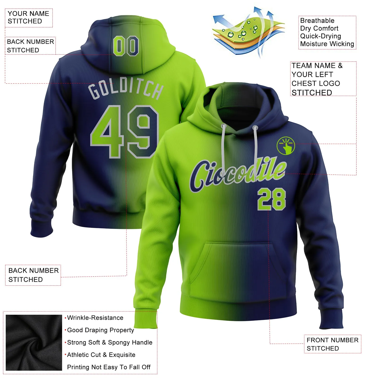 Custom Stitched Navy Neon Green-Gray Gradient Fashion Sports Pullover Sweatshirt Hoodie