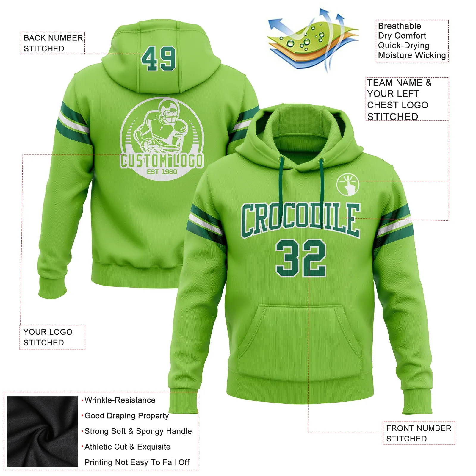 Custom Stitched Neon Green Kelly Green-White Football Pullover Sweatshirt Hoodie