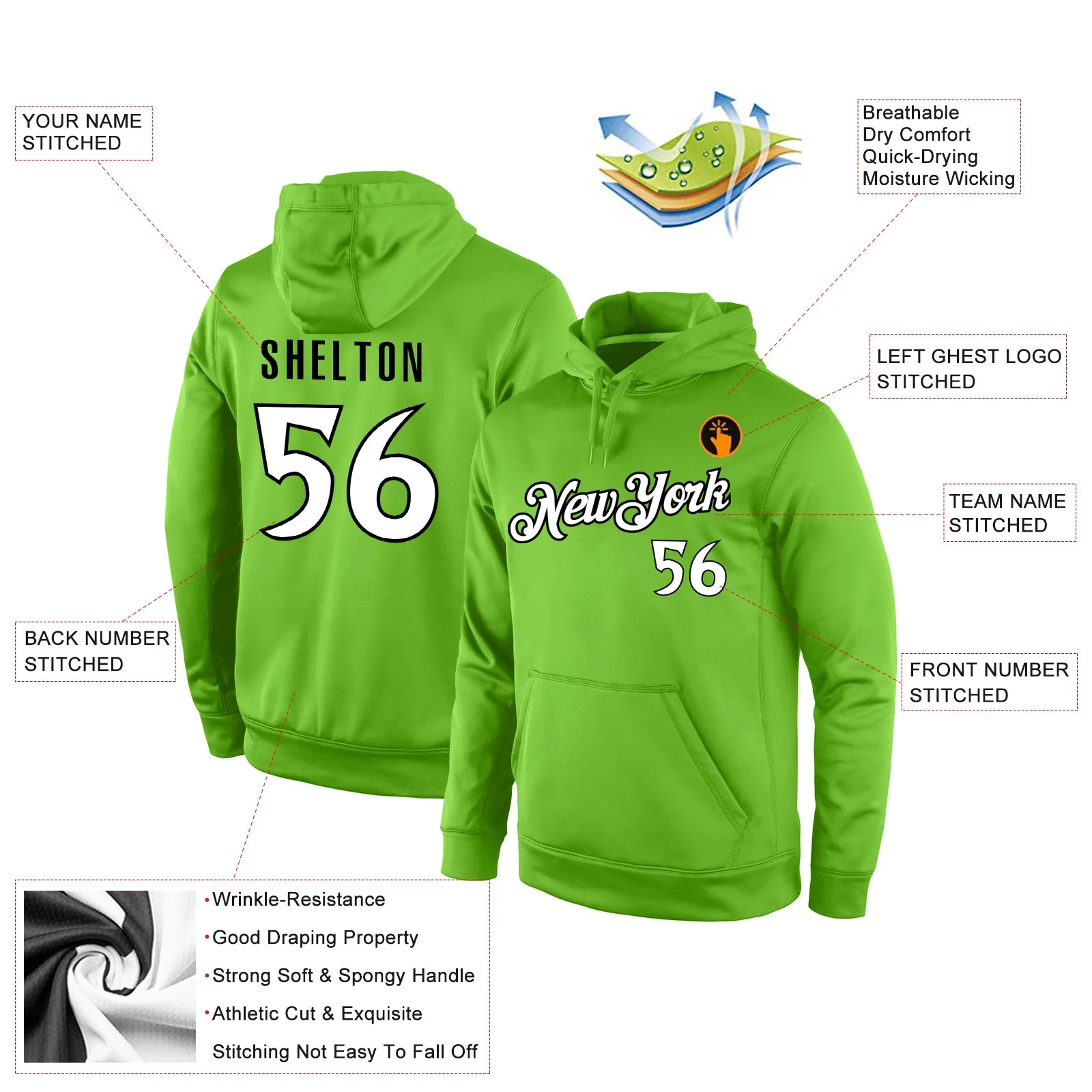 Custom Stitched Neon Green White-Black Sports Pullover Sweatshirt Hoodie