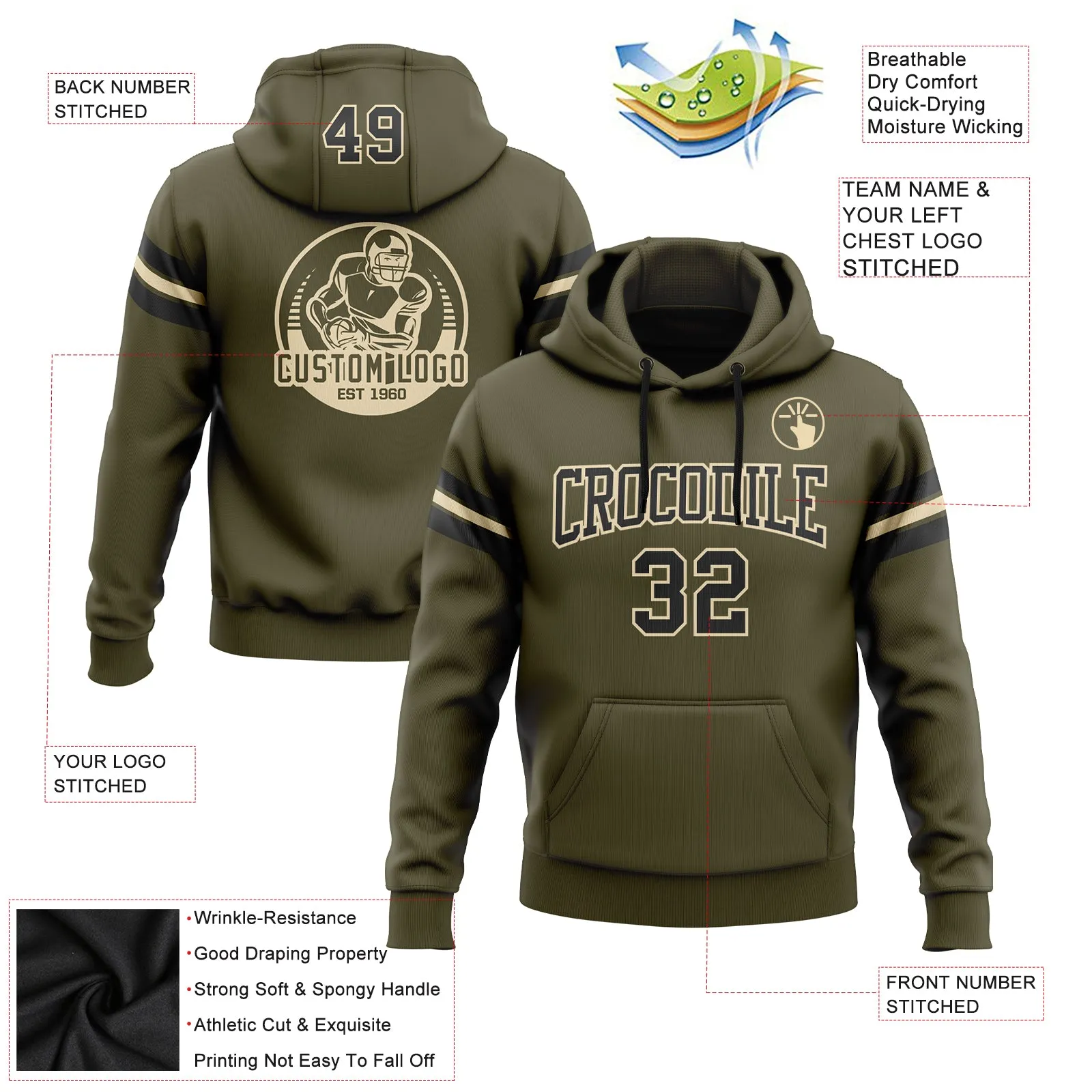 Custom Stitched Olive Black-City Cream Football Pullover Sweatshirt Salute To Service Hoodie