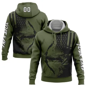 Custom Stitched Olive White-Black 3D American Flag And Bow Hunter Hunting Sports Pullover Sweatshirt Hoodie