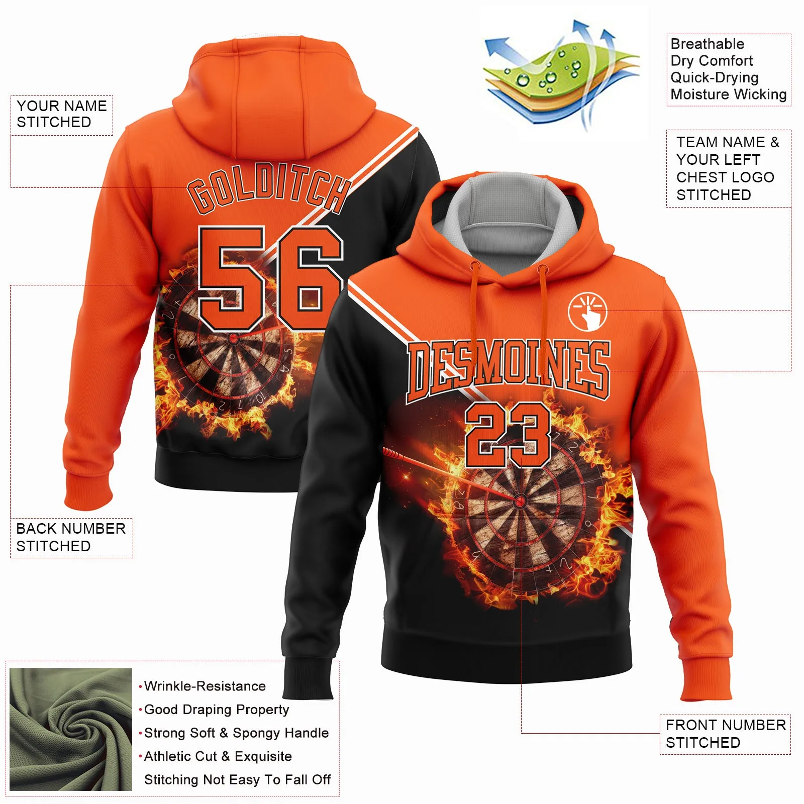 Custom Stitched Orange Black-White 3D Flame Dart Board Sports Pullover Sweatshirt Hoodie