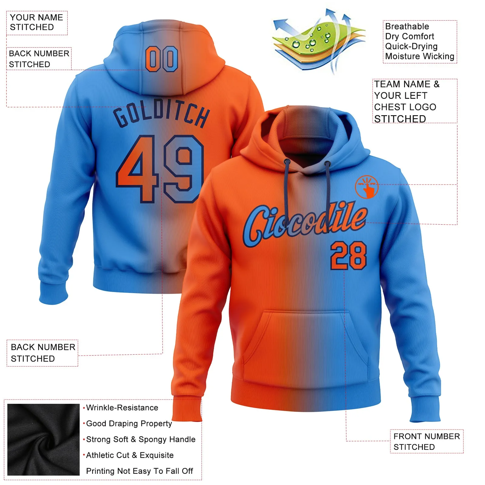 Custom Stitched Powder Blue Orange-Black Gradient Fashion Sports Pullover Sweatshirt Hoodie