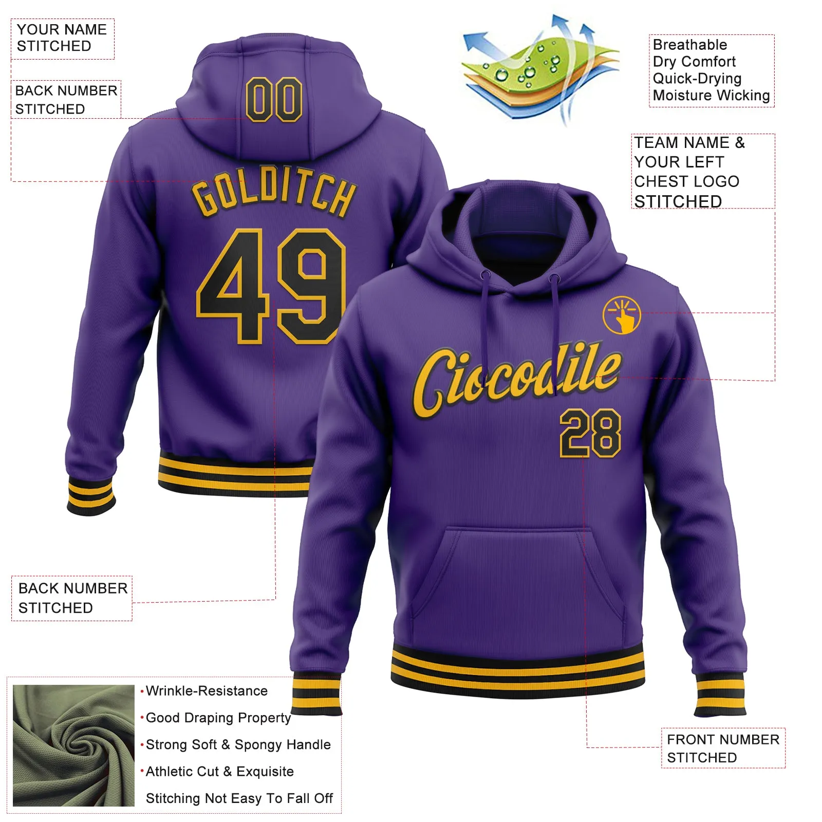 Custom Stitched Purple Black-Gold Sports Pullover Sweatshirt Hoodie