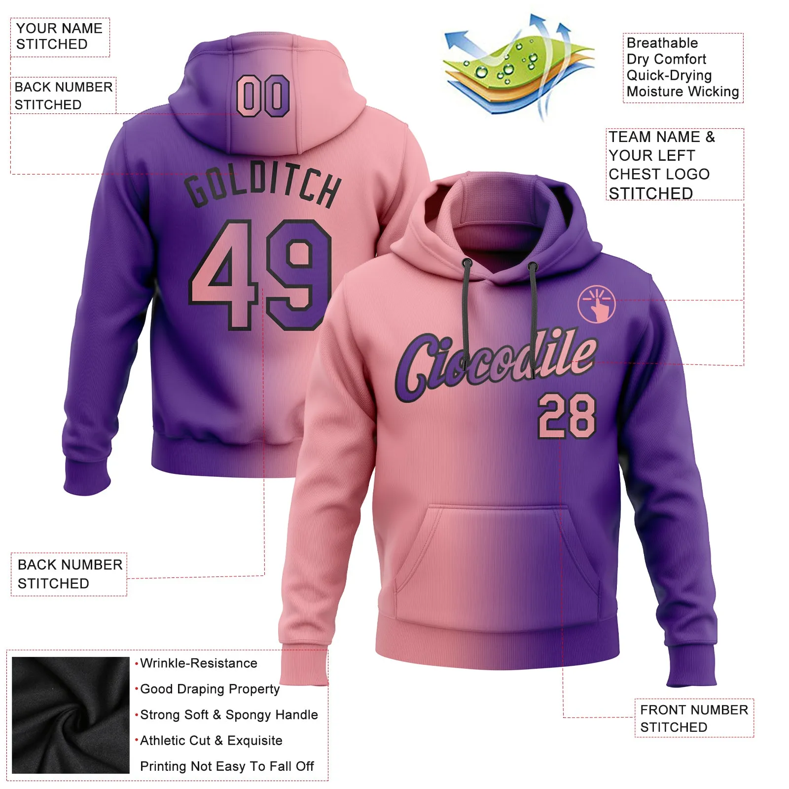 Custom Stitched Purple Medium Pink-Black Gradient Fashion Sports Pullover Sweatshirt Hoodie