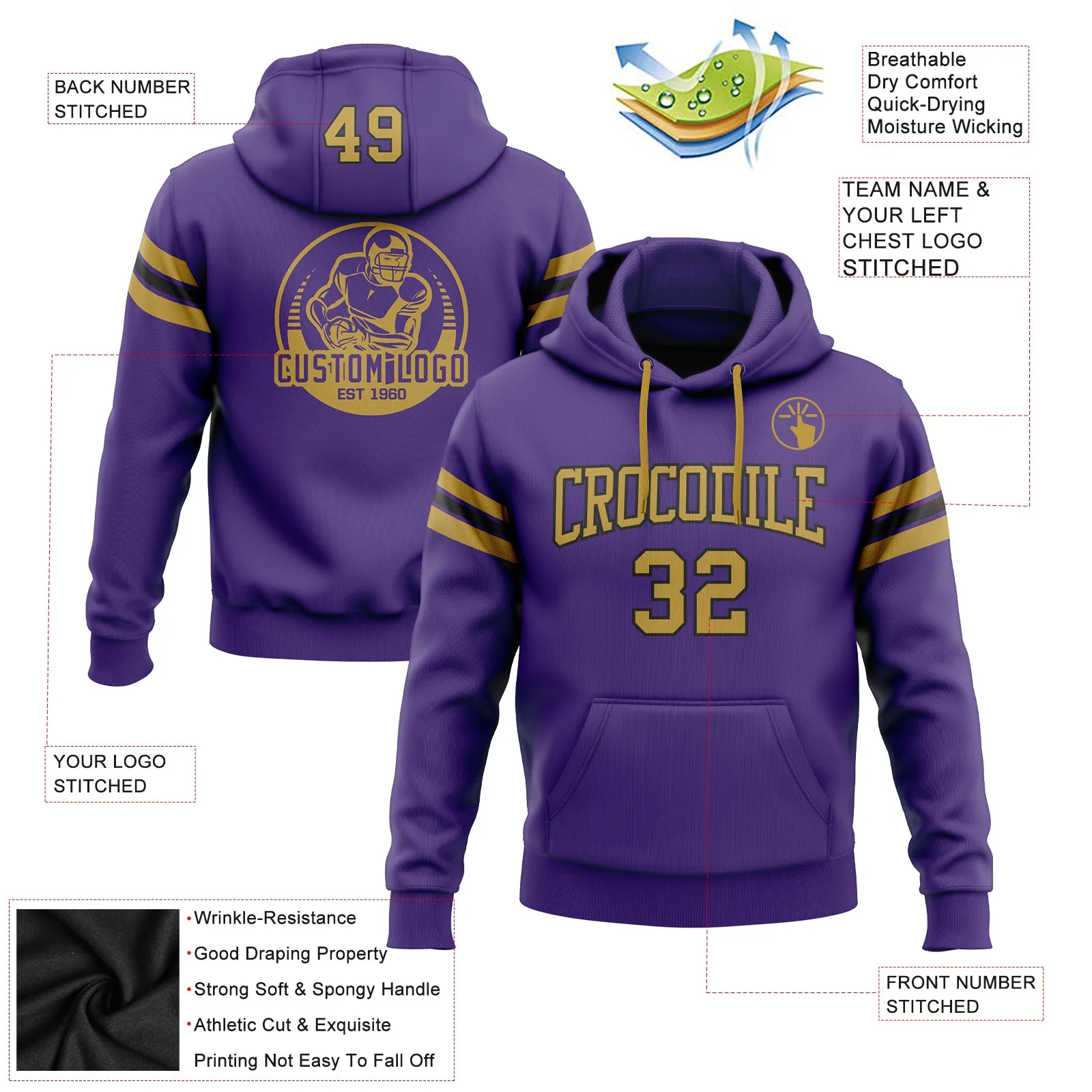 Custom Stitched Purple Old Gold-Black Football Pullover Sweatshirt Hoodie