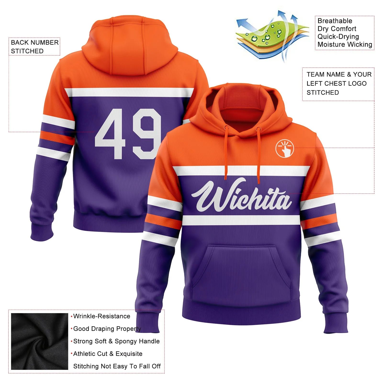 Custom Stitched Purple White-Orange Line Sports Pullover Sweatshirt Hoodie