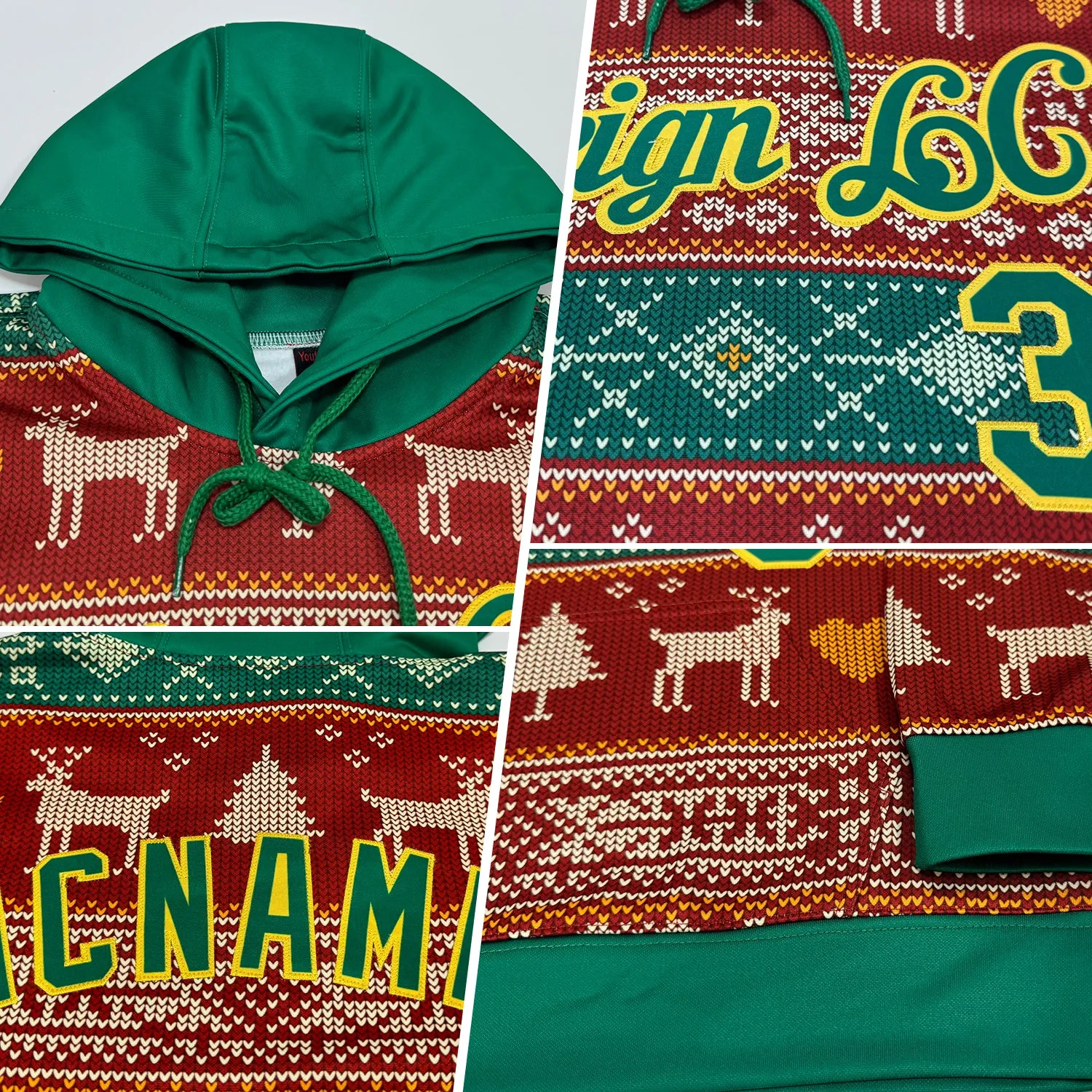 Custom Stitched Red Kelly Green-Gold 3D Christmas Reindeers Sports Pullover Sweatshirt Hoodie