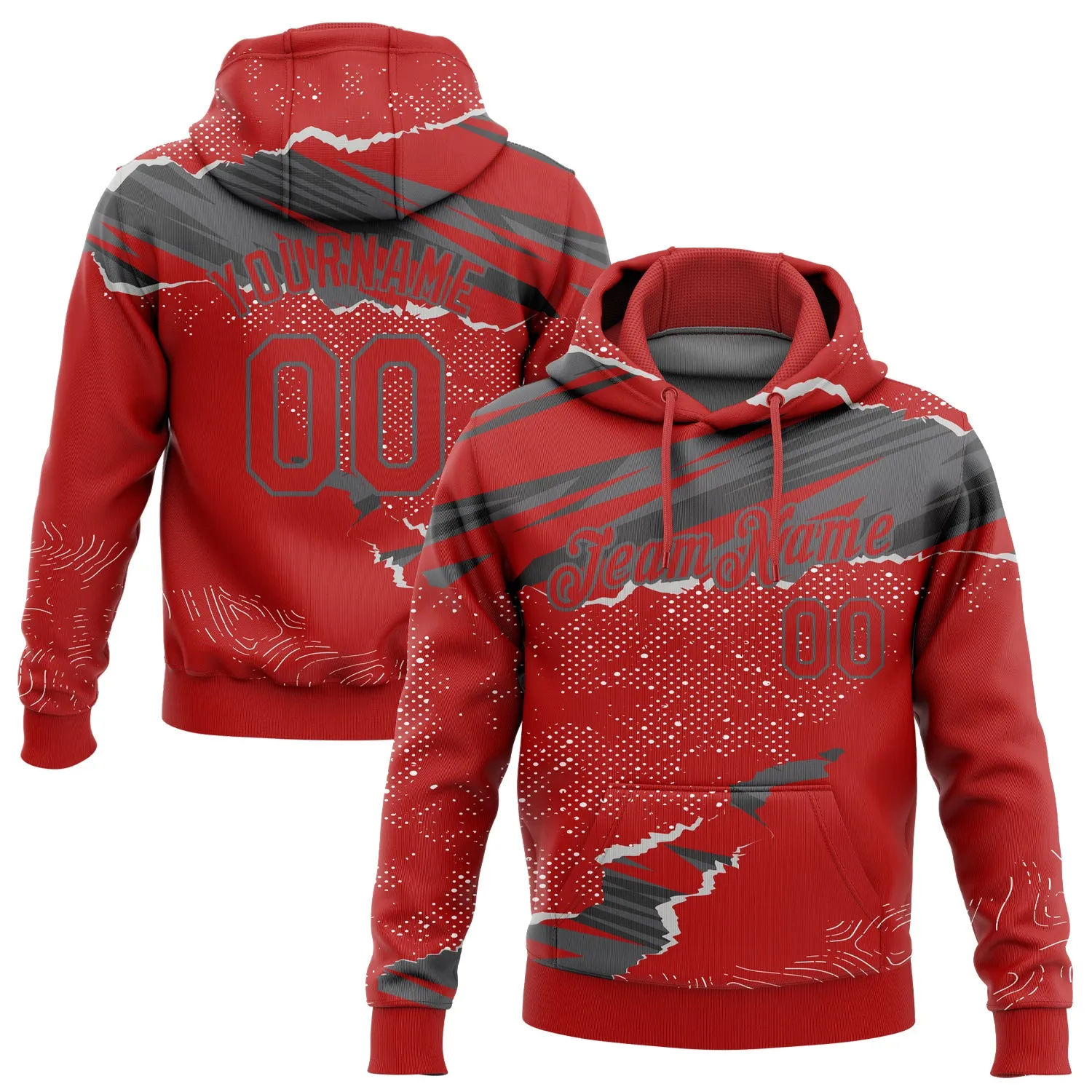 Custom Stitched Red Steel Gray 3D Pattern Design Torn Paper Style Sports Pullover Sweatshirt Hoodie