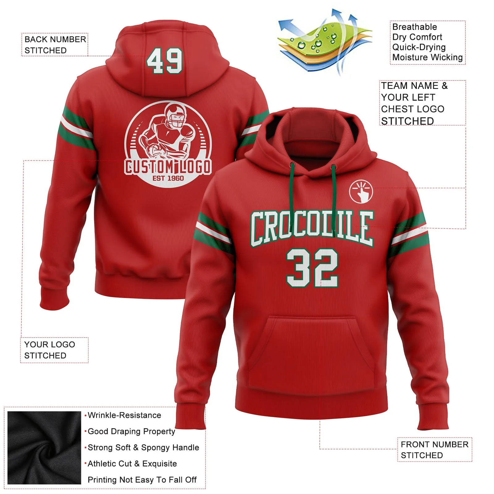 Custom Stitched Red White-Kelly Green Football Pullover Sweatshirt Hoodie