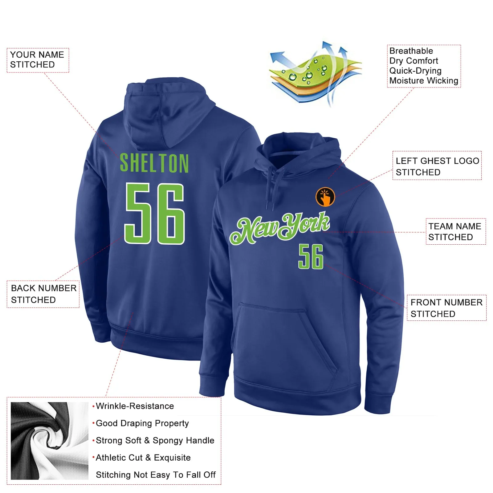 Custom Stitched Royal Neon Green-White Sports Pullover Sweatshirt Hoodie