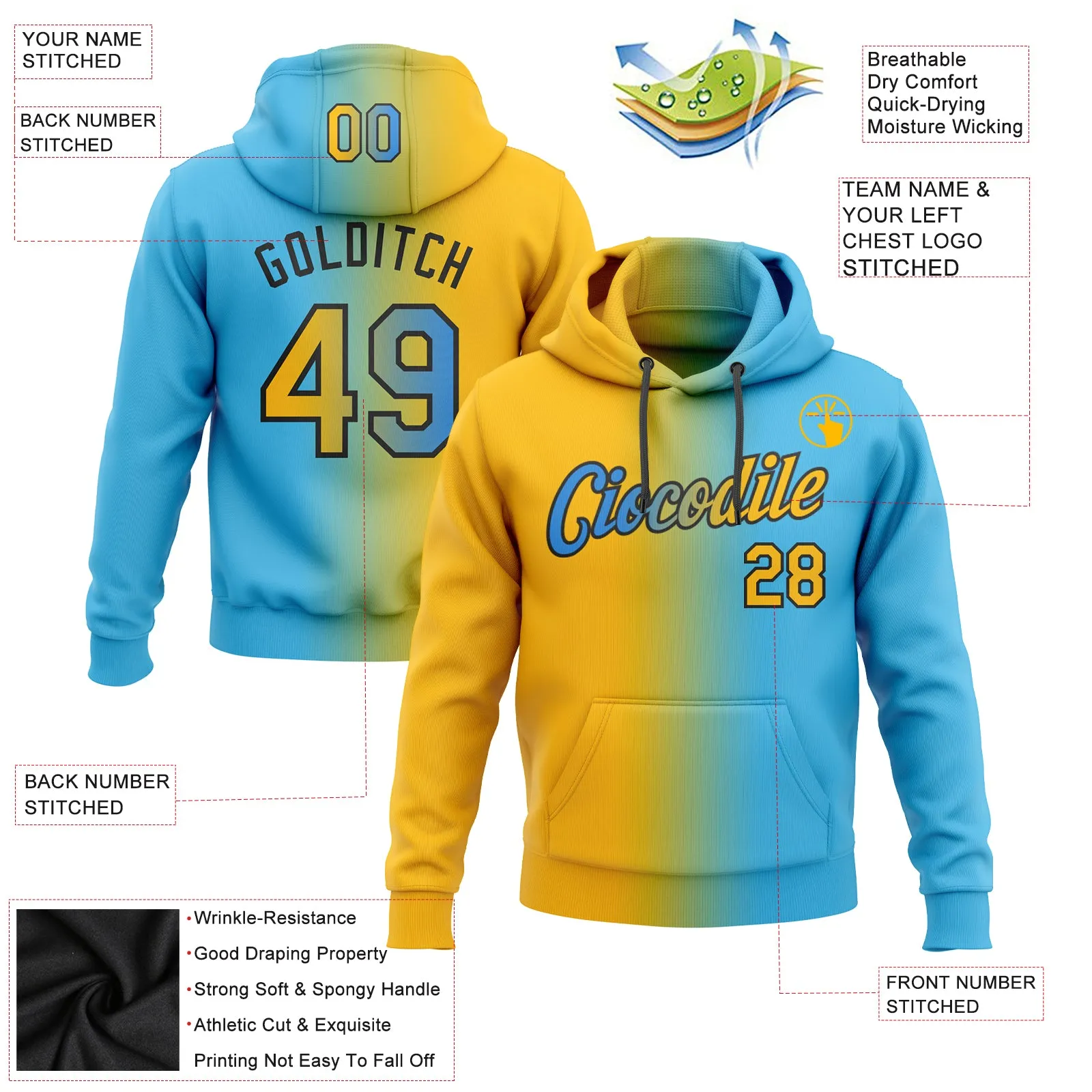 Custom Stitched Sky Blue Gold-Black Gradient Fashion Sports Pullover Sweatshirt Hoodie