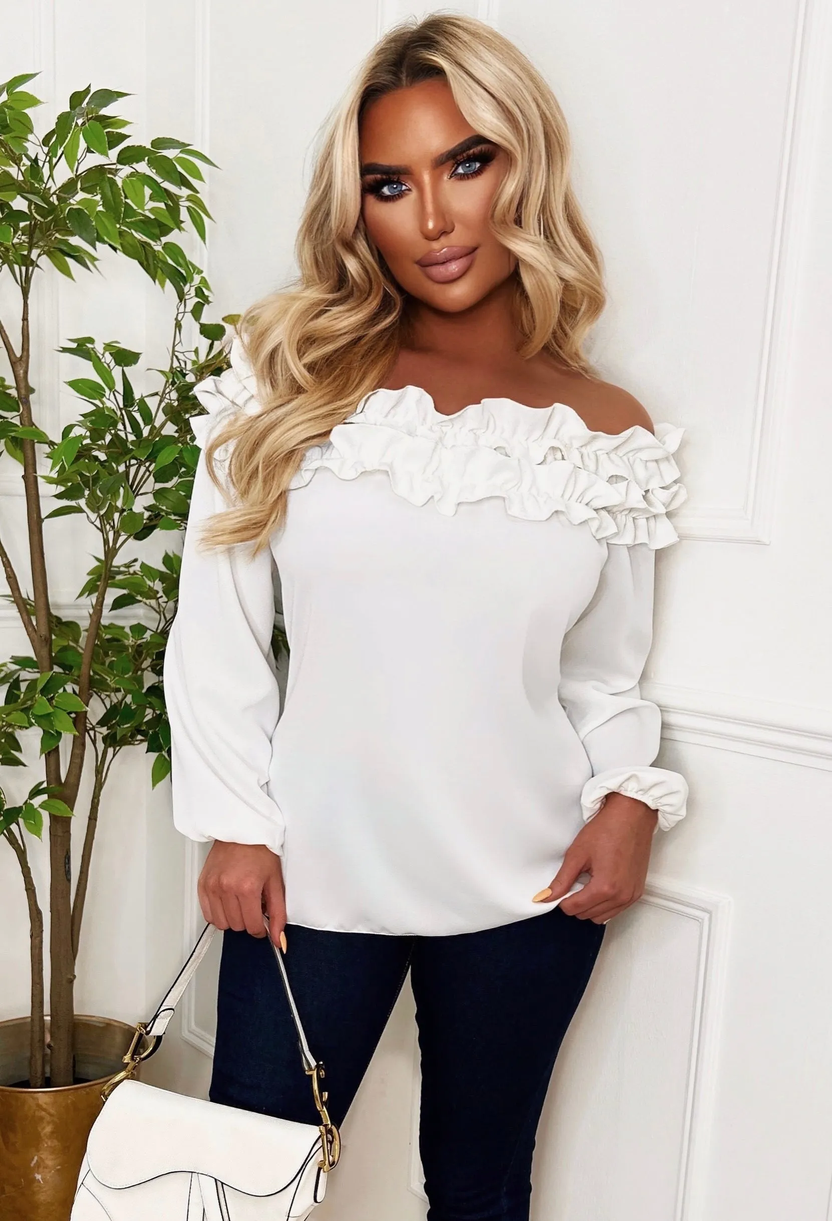 Date Nights White Ruffle Bardot Blouse