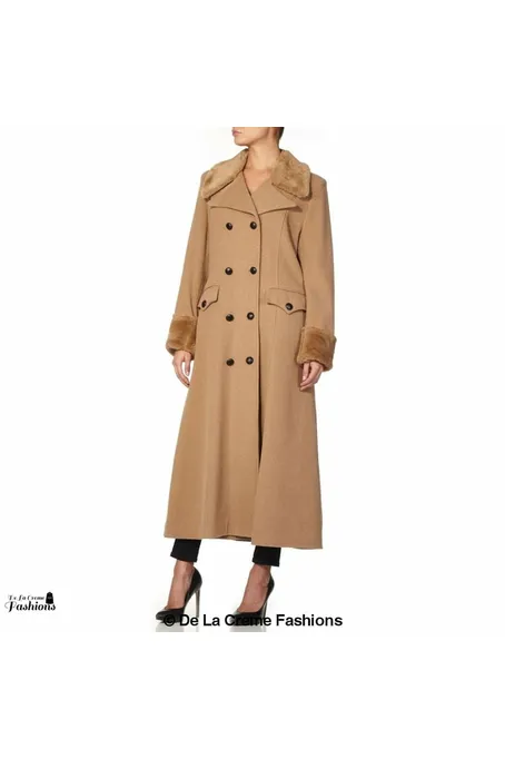 De La Creme Fashions Wool Blend Faux Fur Trim Maxi Coat