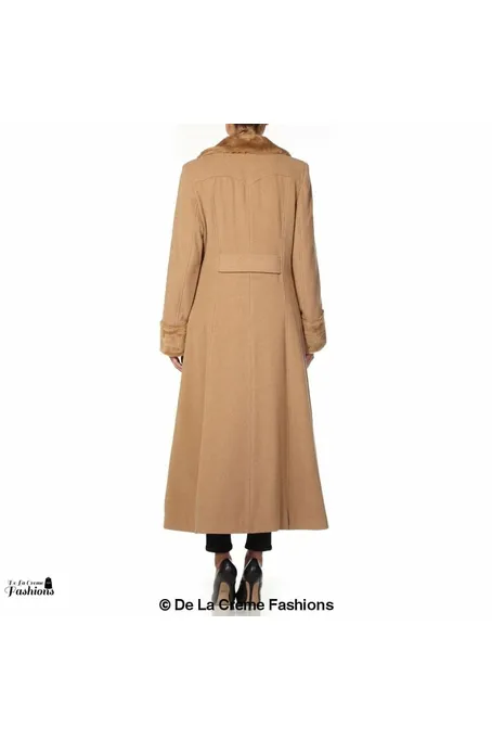 De La Creme Fashions Wool Blend Faux Fur Trim Maxi Coat