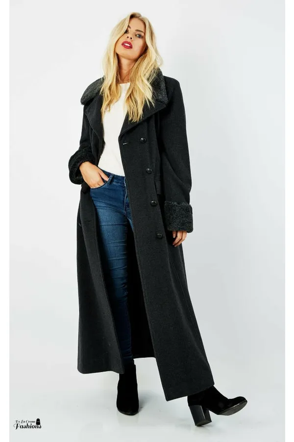 De La Creme Fashions Wool Blend Faux Fur Trim Maxi Coat