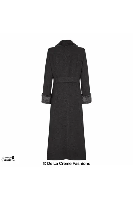 De La Creme Fashions Wool Blend Faux Fur Trim Maxi Coat