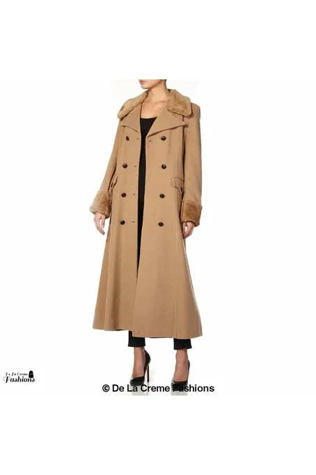 De La Creme Fashions Wool Blend Faux Fur Trim Maxi Coat