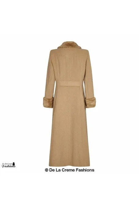 De La Creme Fashions Wool Blend Faux Fur Trim Maxi Coat