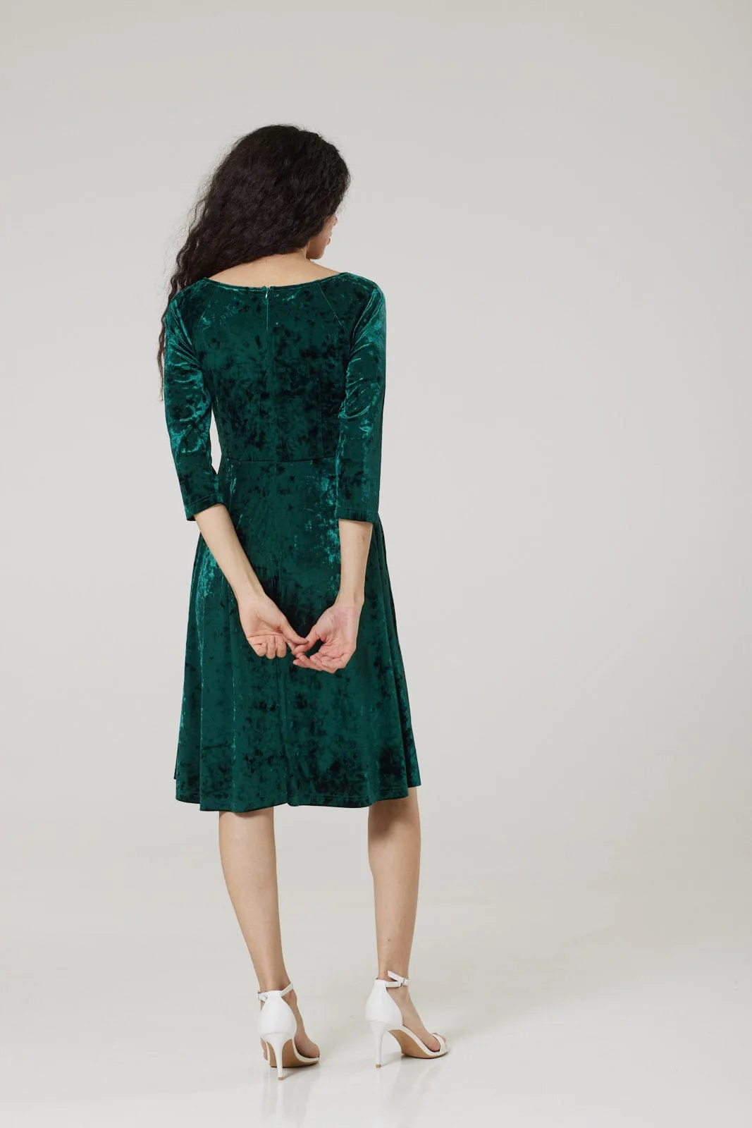 Dovey Festive Green Velvet Midi Fit and Flare Swing Dress