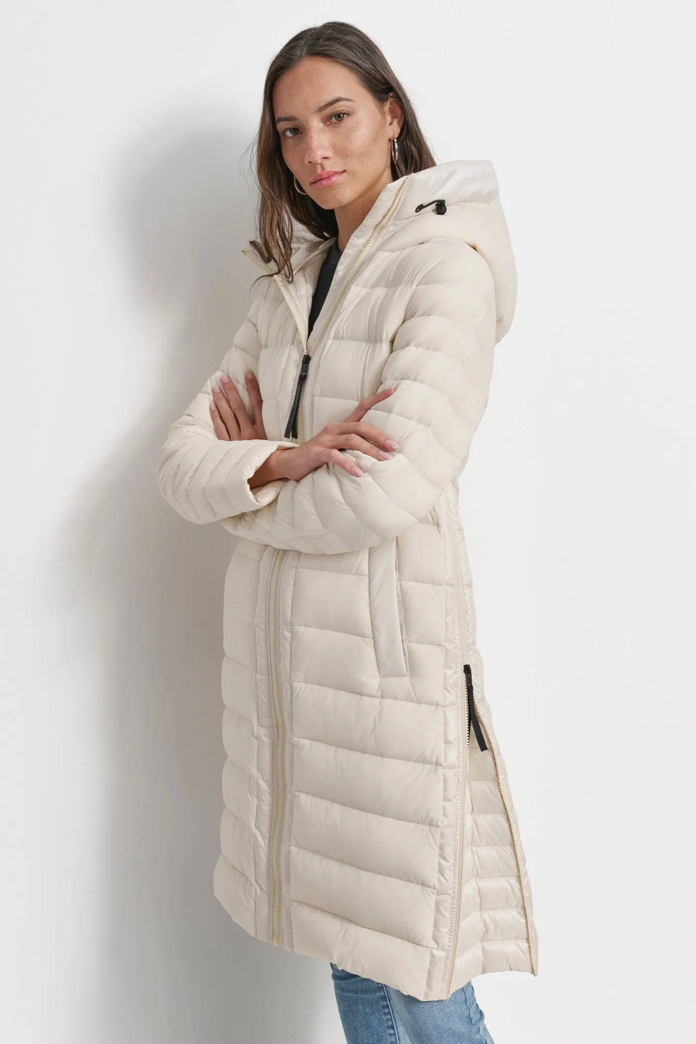 DOWN FILL HOODED ZIP FRONT QUILTED PUFFER