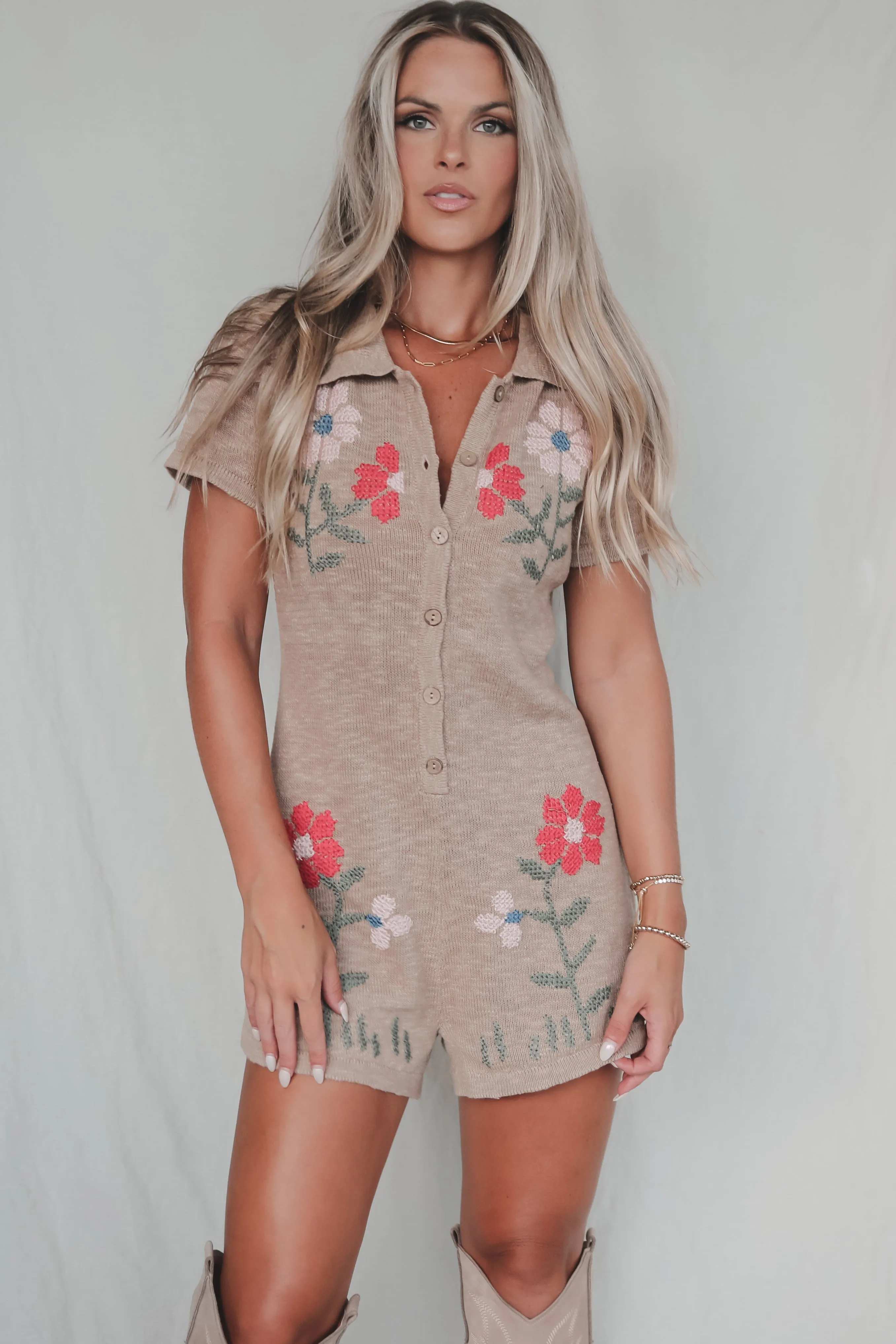 Dreaming Of Knits And Florals Tan Romper