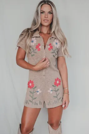 Dreaming Of Knits And Florals Tan Romper