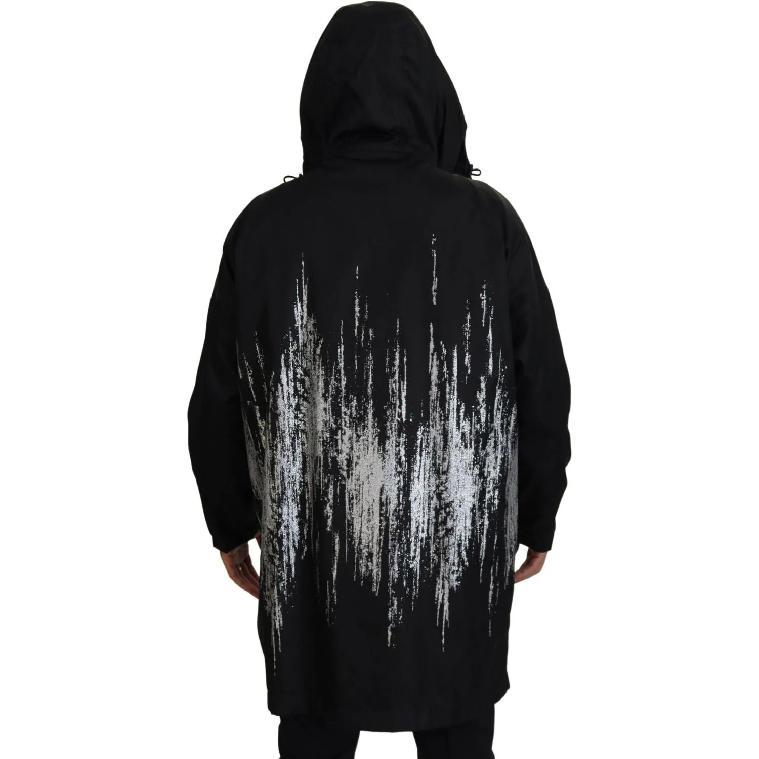 Dsquared² Black White Print Long Hooded Coat Nylon Jacket