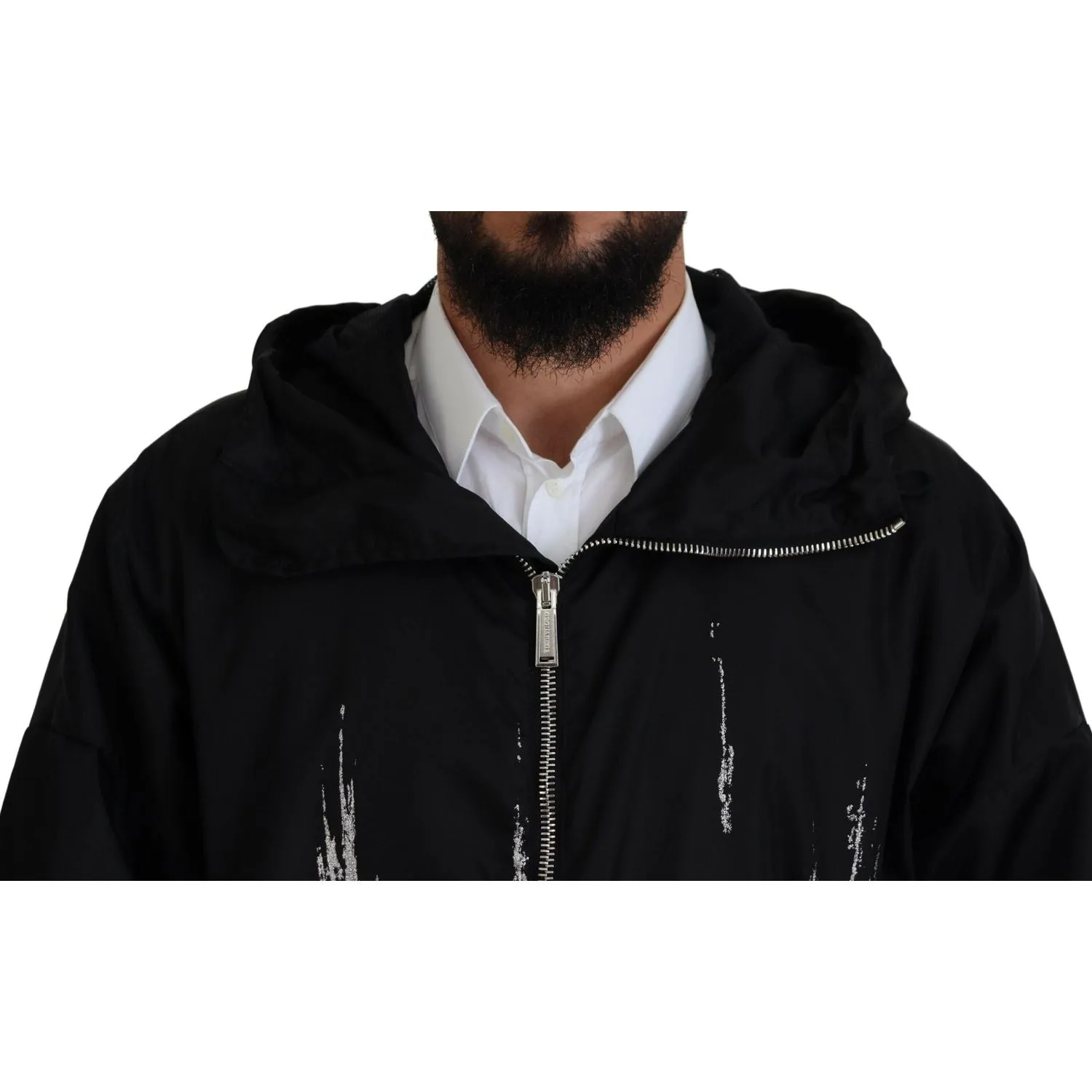 Dsquared² Black White Print Long Hooded Coat Nylon Jacket