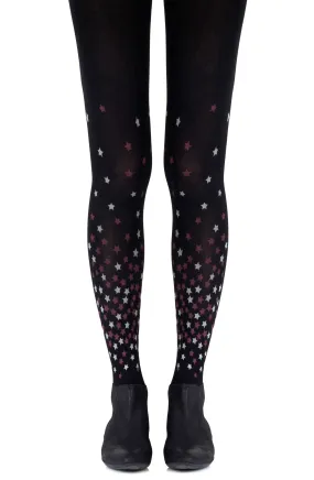 Elegant Burgundy Grey Stars Prints 100 Denier Opaque Black Tights