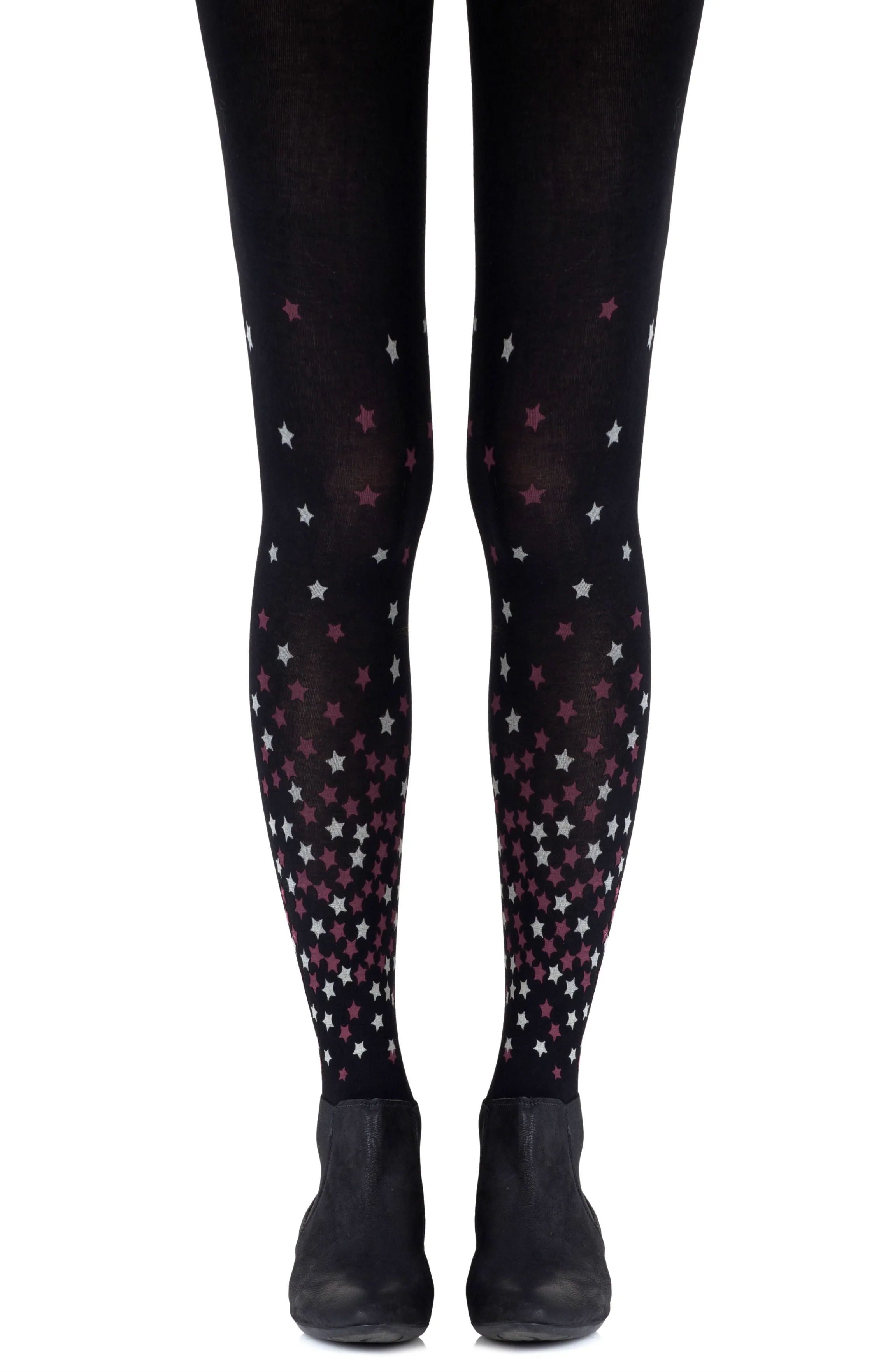 Elegant Burgundy Grey Stars Prints 100 Denier Opaque Black Tights