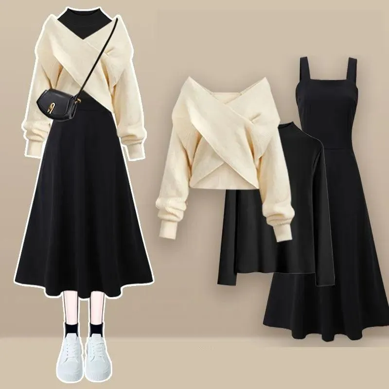 Elegant Korean Women's Cross Knit Three-Piece Suit: Autumn Chic