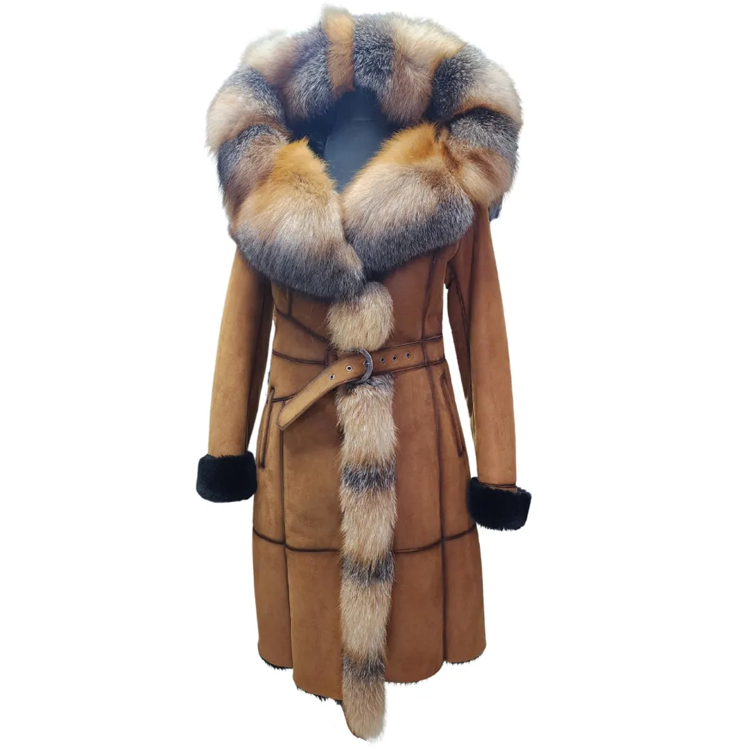 Ellie's shearling hooded coat with crystal fox fur