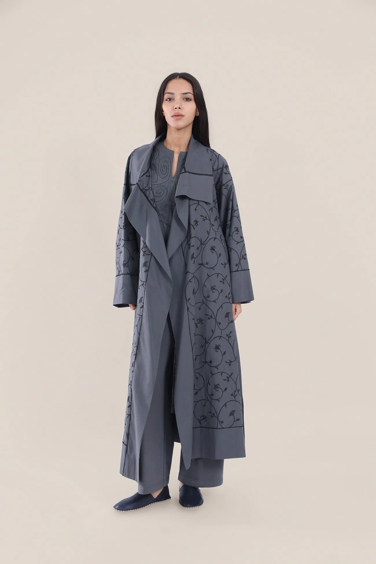 Embroidered long-sleeve cotton coat